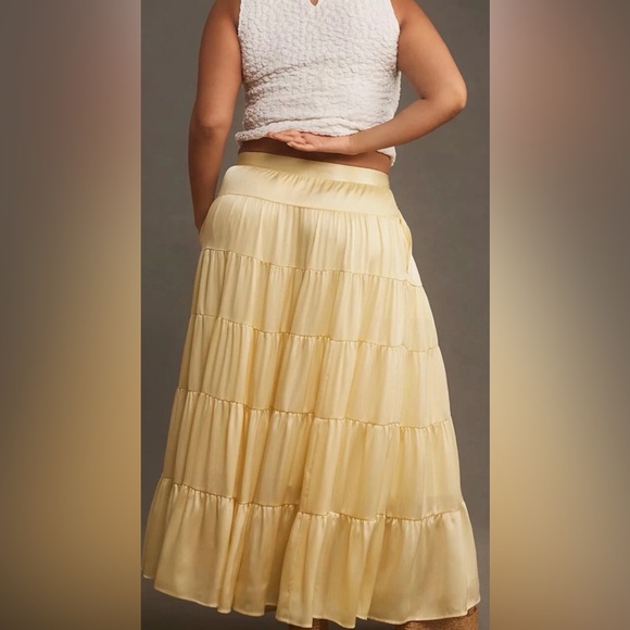 Anthropologie Tiered Petticoat Midi Maxi Skirt Elastic Waist Lined Yellow - Picture 6 of 8